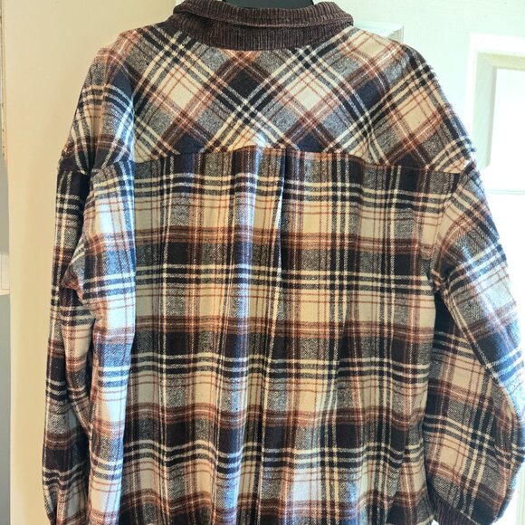 Umgee L brown flannel plaid with brown corduroy trim shacket, NWT - Picture 3 of 4